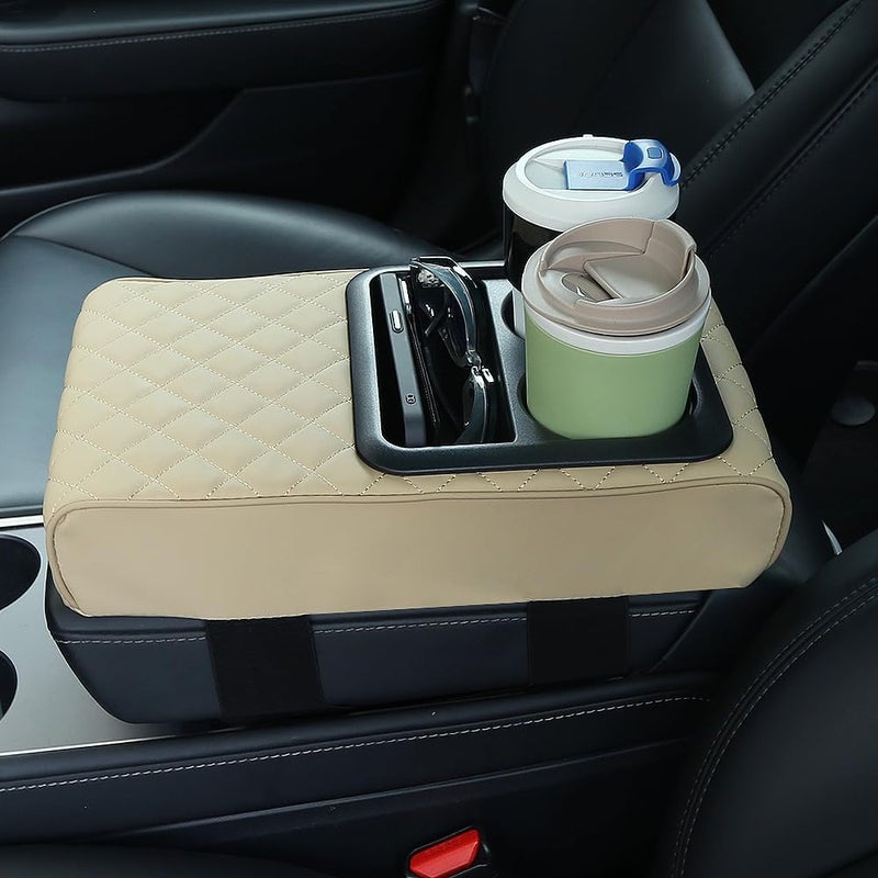 Supin Car Armrest Cushion - Multifunctional Faux Leather Armrest Cushion with Cup Holder, Phone Storage, and Ergonomic Design for All Seasons (Beige) - Image 4
